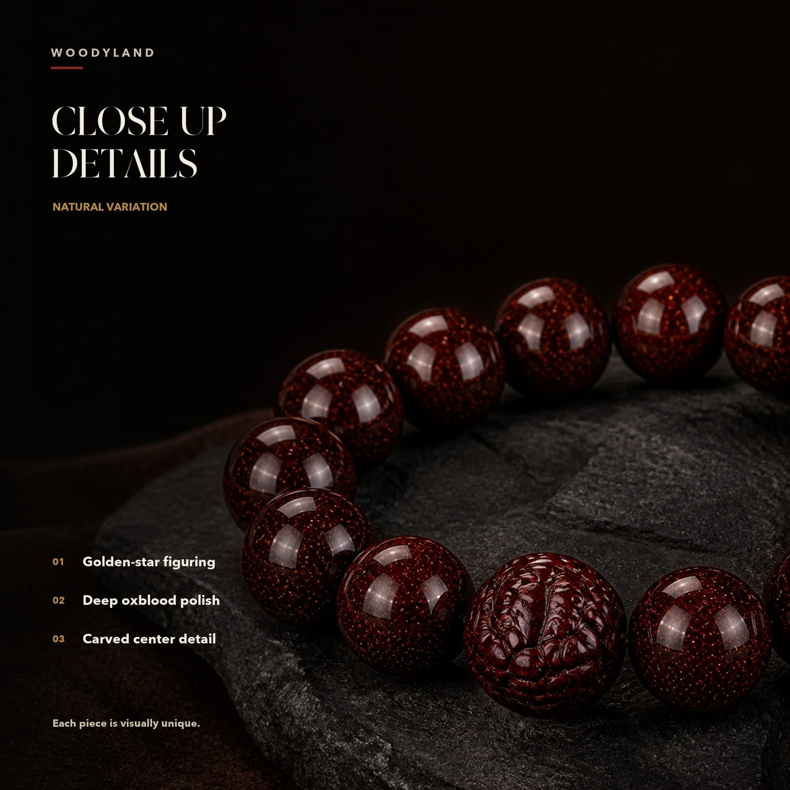Golden-Star Red Sandalwood Zodiac Bracelet Close-Up Details 1