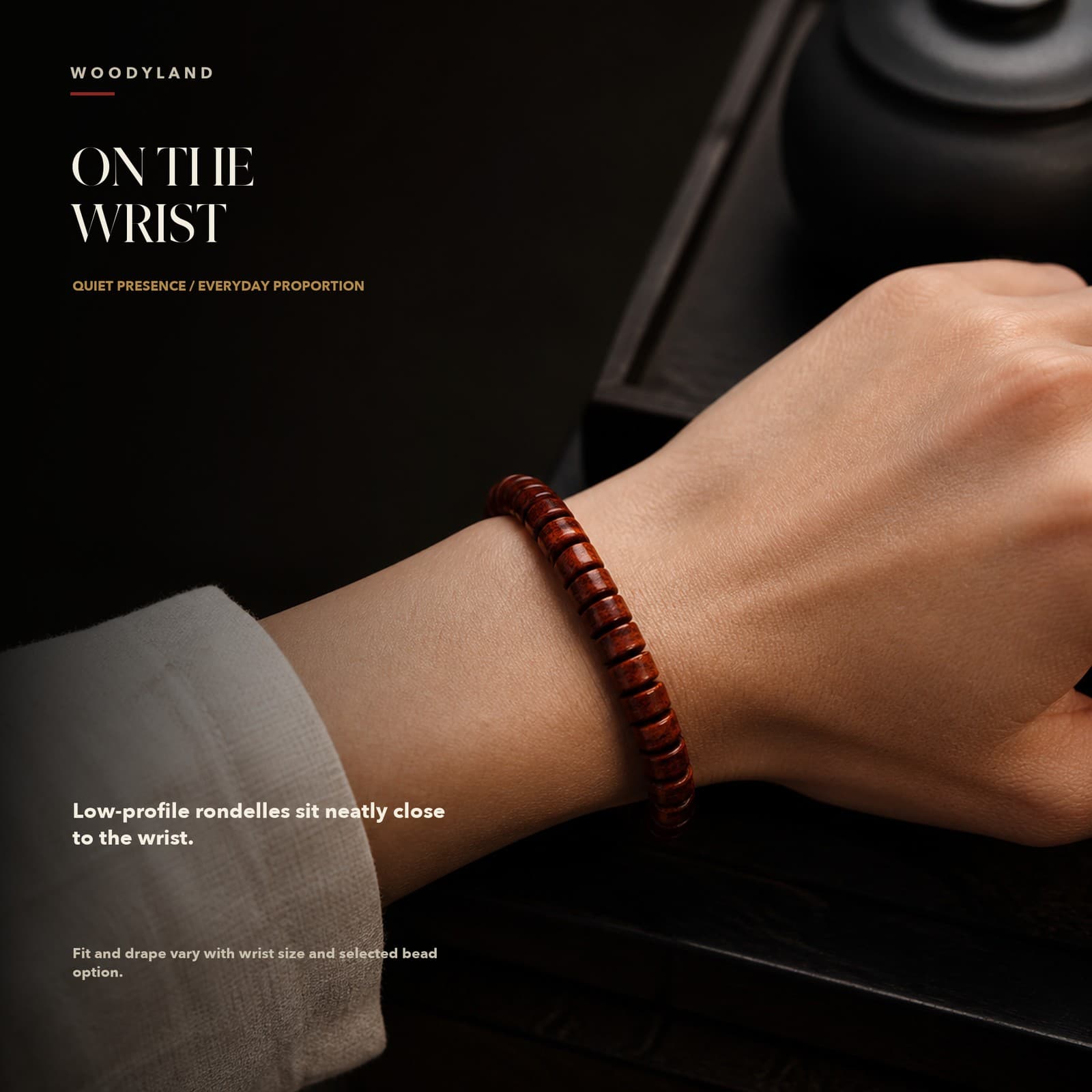 Hainan Huanghuali Rondelle Bracelet On the Wrist 1