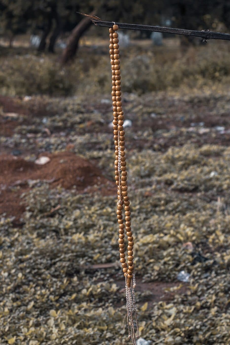 A 108-bead wooden mala arranged in a spiral
